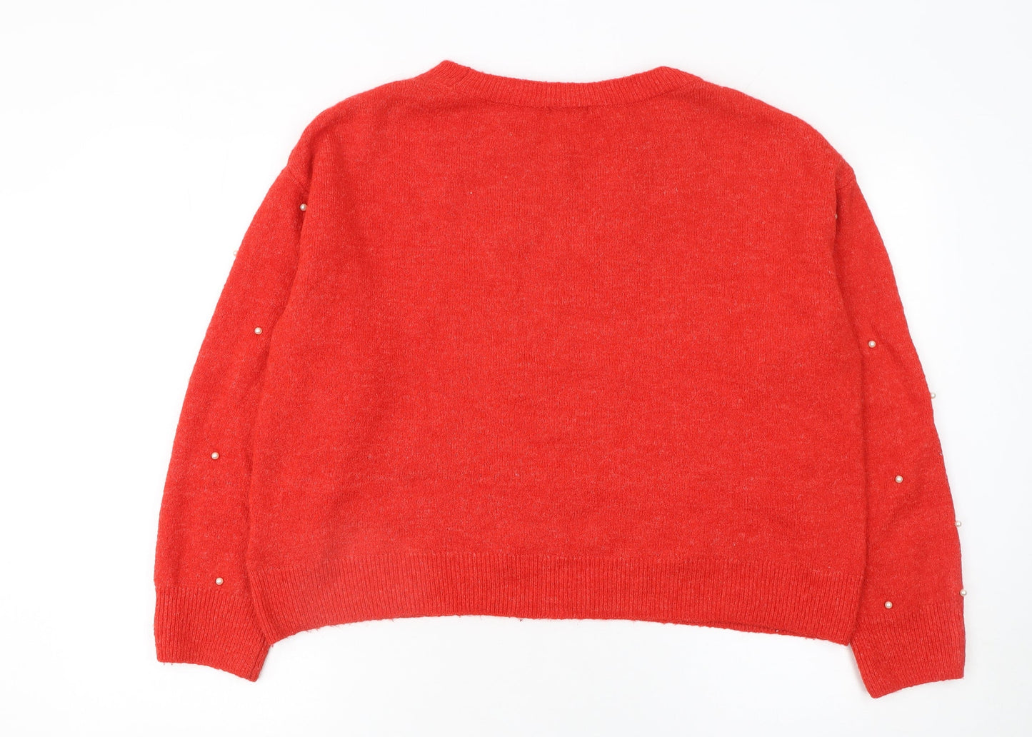 H&M Women Red Beaded Crew Neck Wool Blend Jumper Size 12