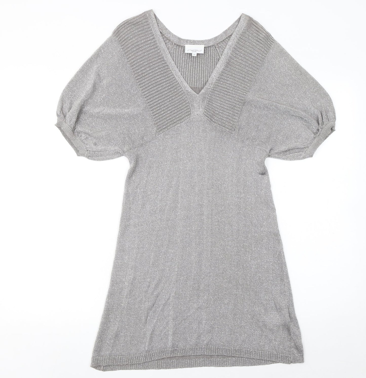 New Look Women’s Grey Metallic Knit V-Neck Shift Dress Size 10