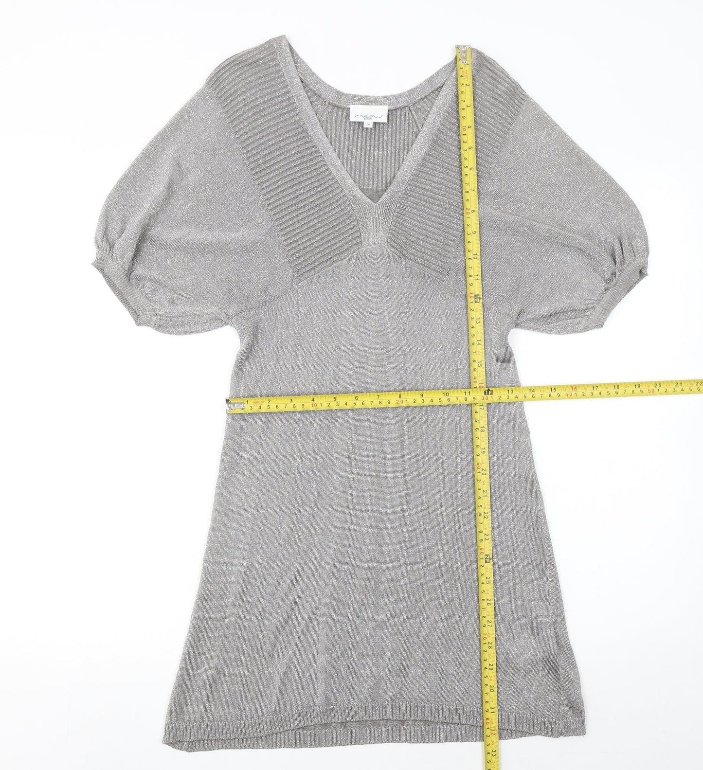 New Look Women’s Grey Metallic Knit V-Neck Shift Dress Size 10