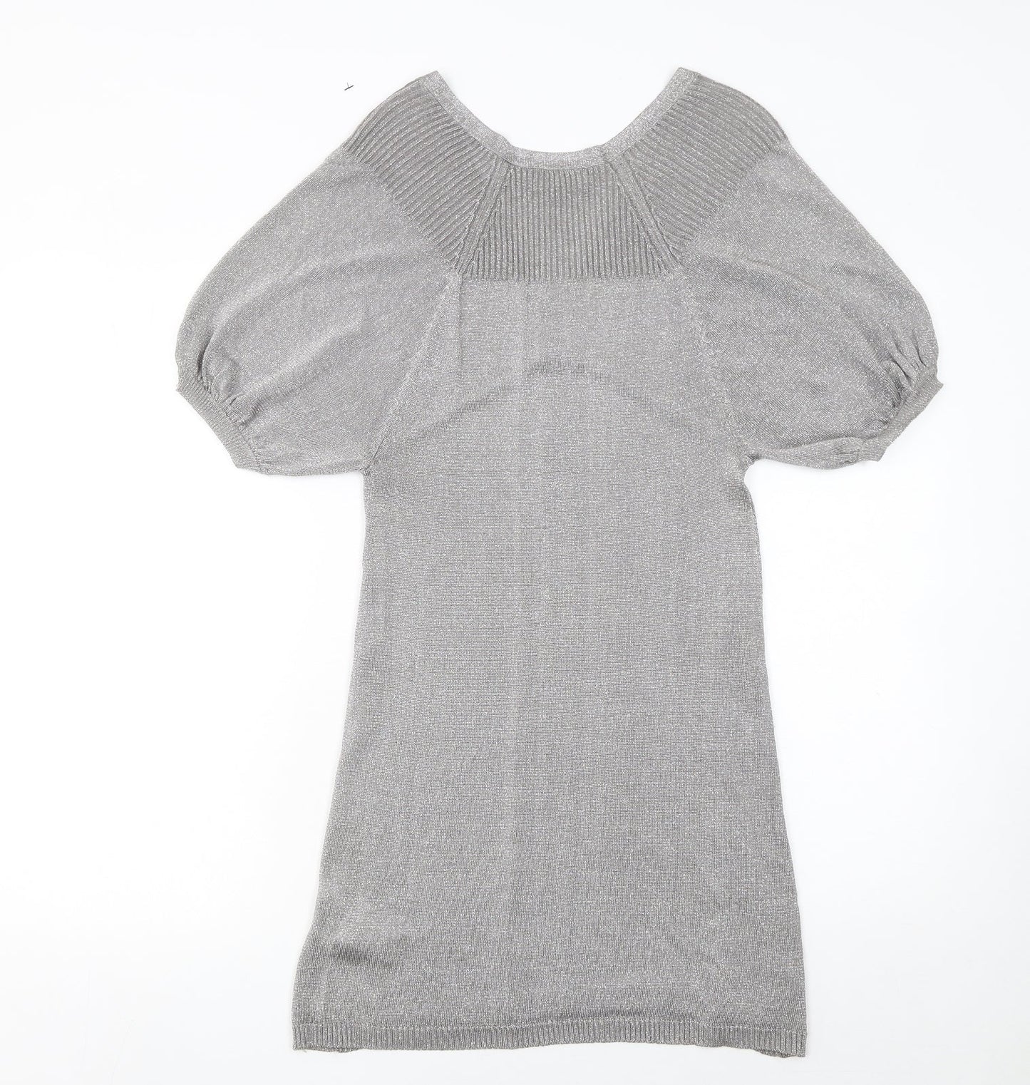 New Look Women’s Grey Metallic Knit V-Neck Shift Dress Size 10