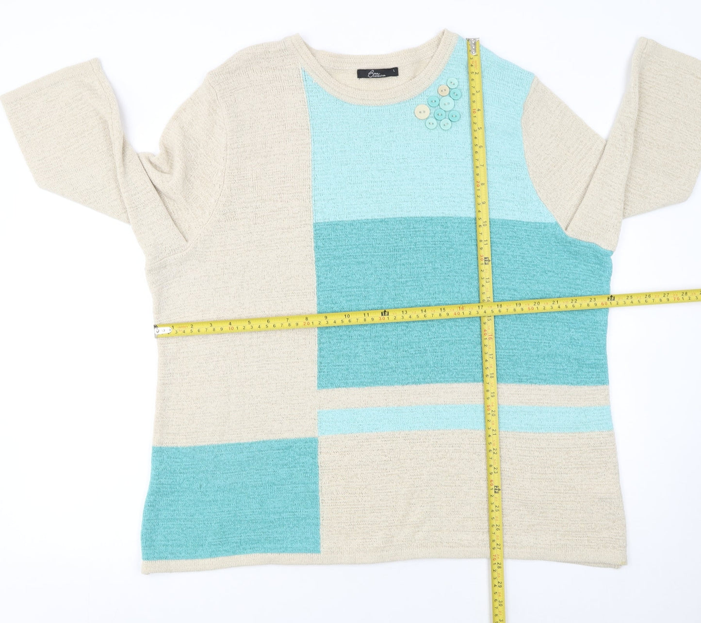 BM Collection Women’s Beige Green Block Knit Jumper L