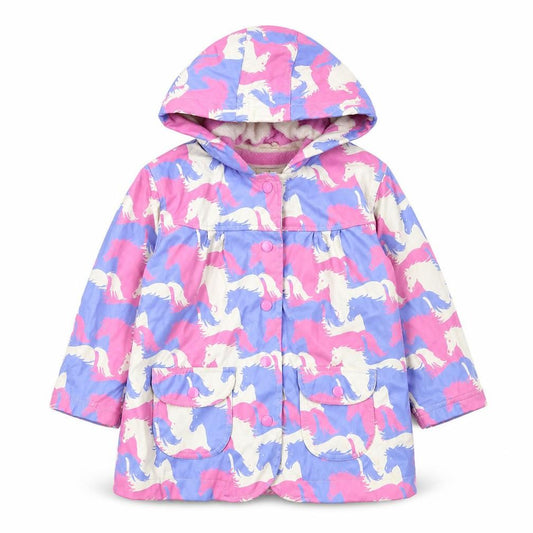 Front view of Hatley girls’ multicoloured unicorn hooded rain coat 3 years waterproof lined