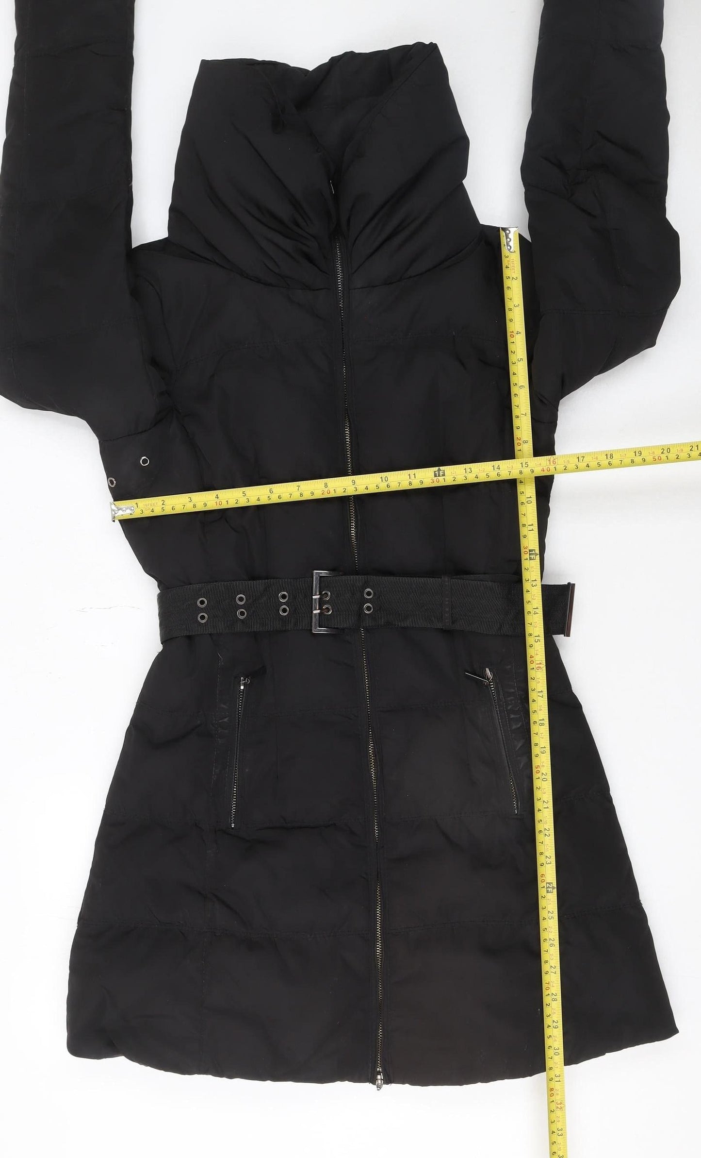 Zara Women Black Long Belted Puffer Down Jacket Size 10