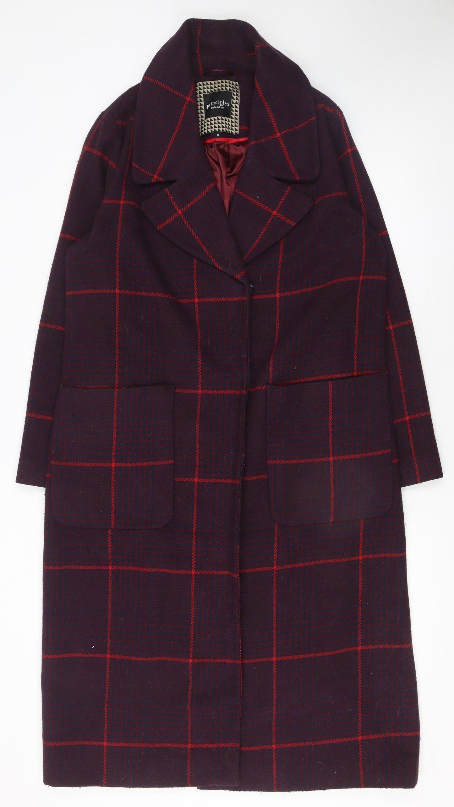 Principles by Ben de Lisi Women's Purple Check Wool Blend Overcoat Size 14