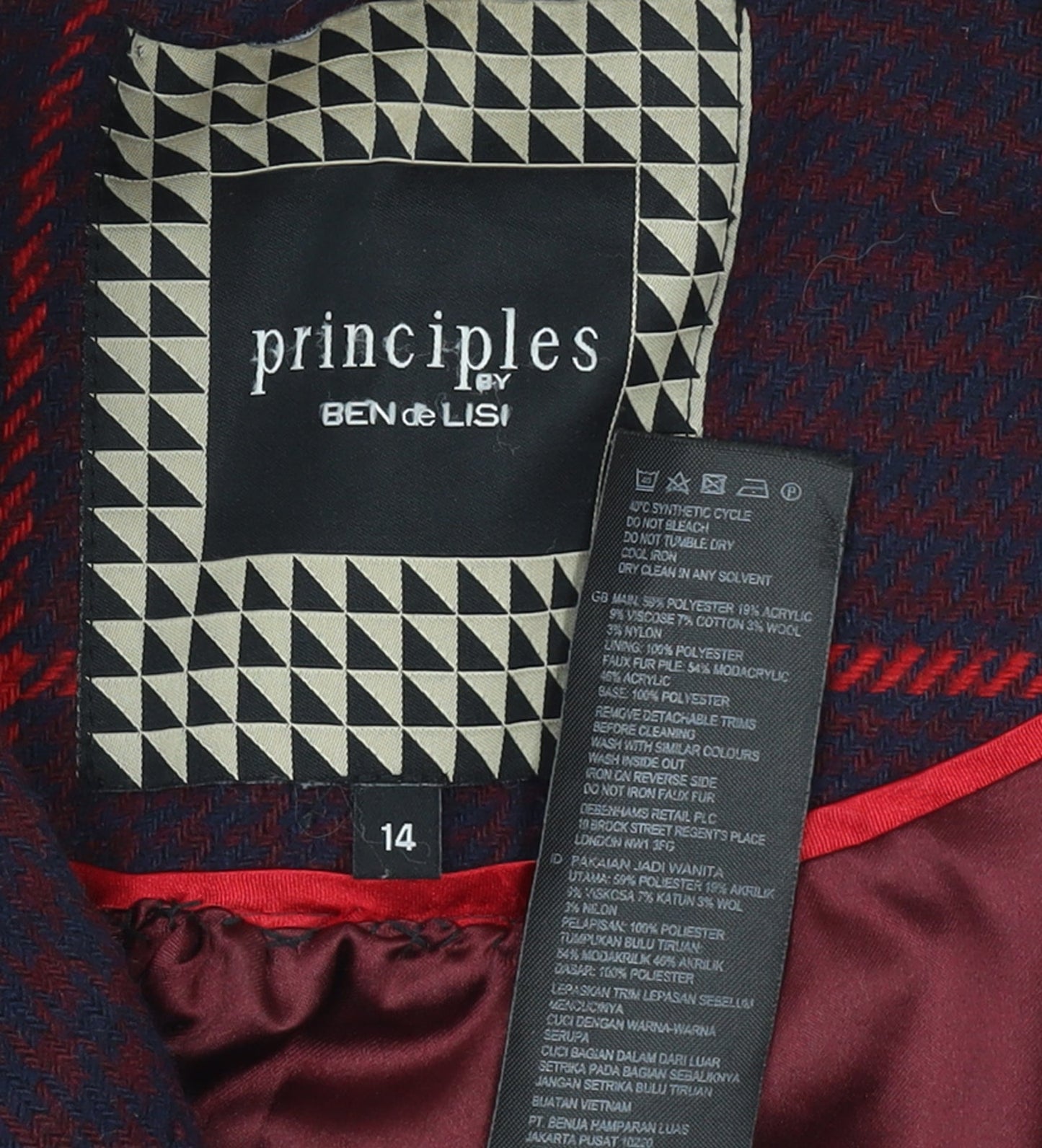 Principles by Ben de Lisi Women's Purple Check Wool Blend Overcoat Size 14