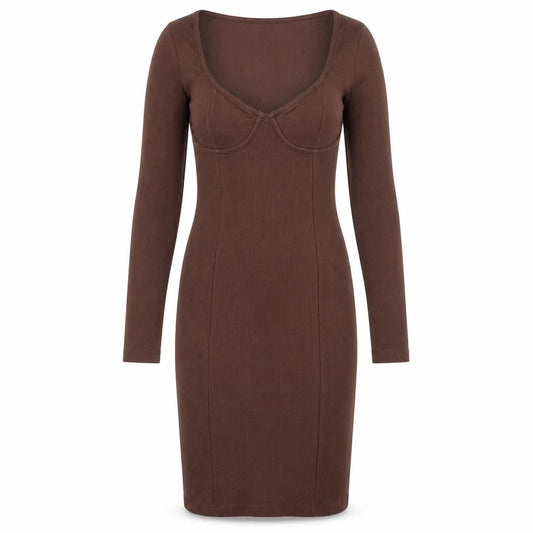 Brave Soul Women's Brown Long Sleeve Bodycon Jersey Dress XS