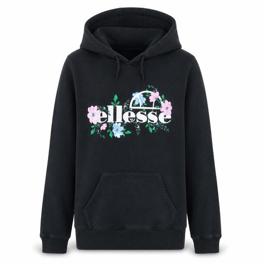 Front view of Ellesse girls’ black floral logo hoodie 13-14 years pullover fleece