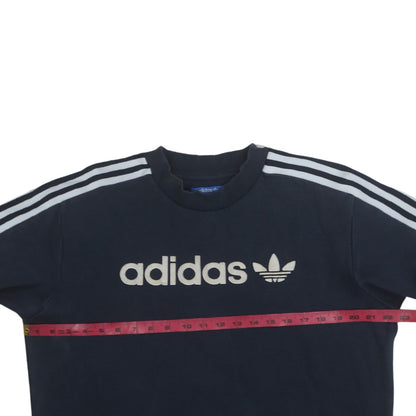 Back view of Adidas men’s blue pullover sweatshirt m logo crew neck sportswear
