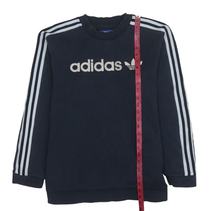Close-up detail of Adidas men’s blue pullover sweatshirt m logo crew neck sportswear