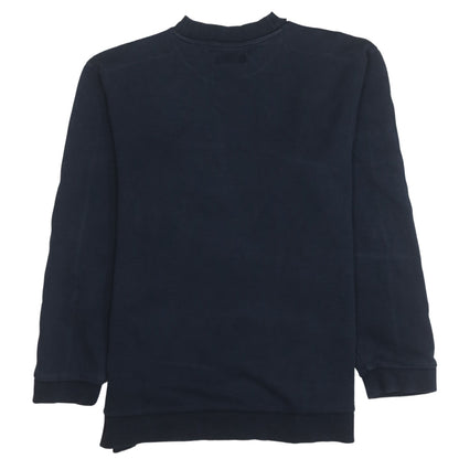 Brand and care label for Adidas men’s blue pullover sweatshirt m logo crew neck sportswear