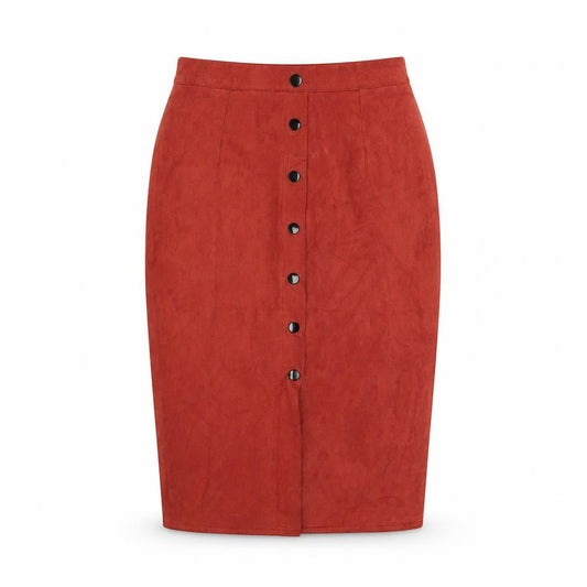 Motel Rocks Women’s Red Suede Midi Pencil Skirt UK 8 Button Front