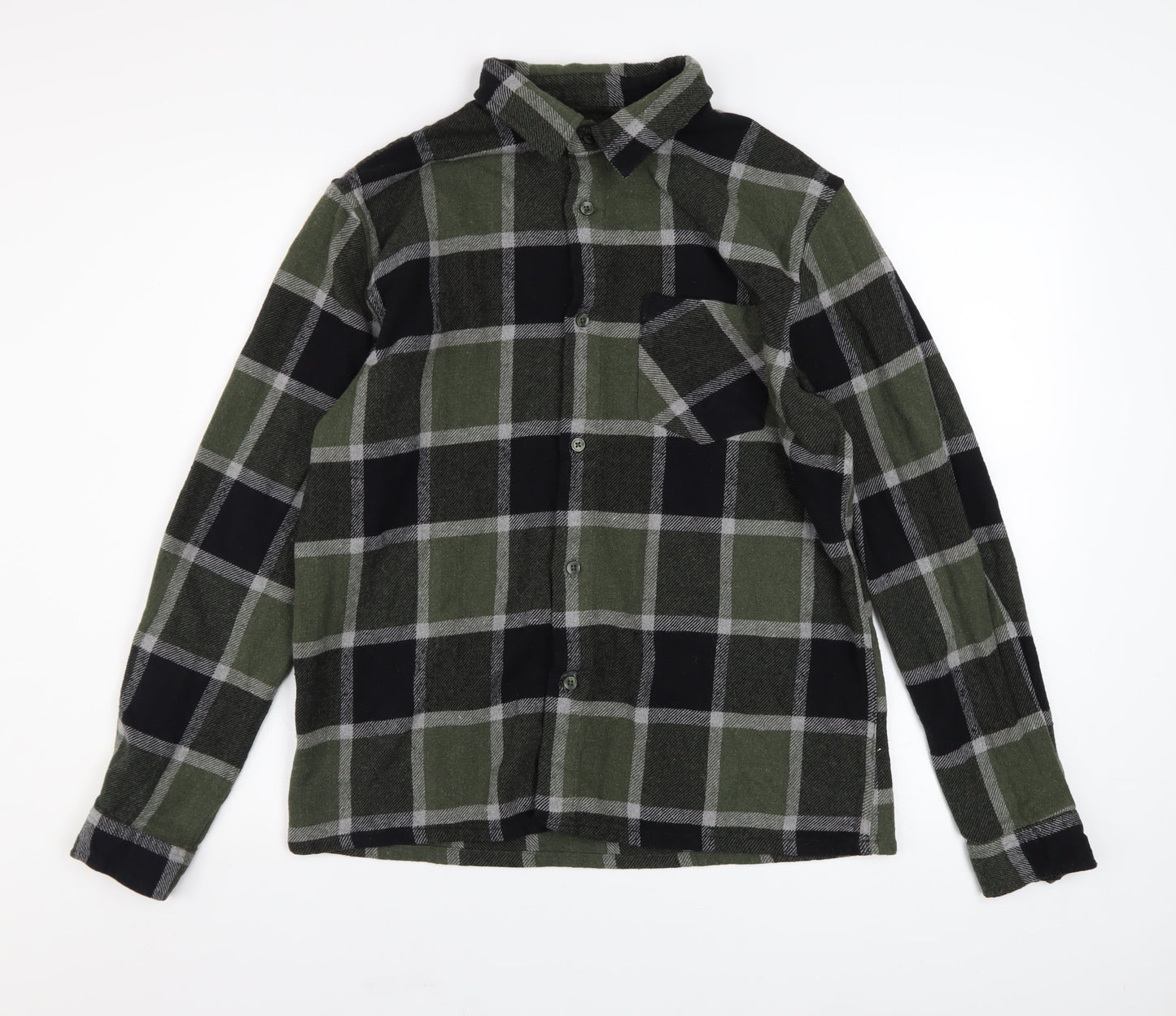 BoohooMAN Men's Green Check Flannel Long Sleeve Button-Up Shirt Size L