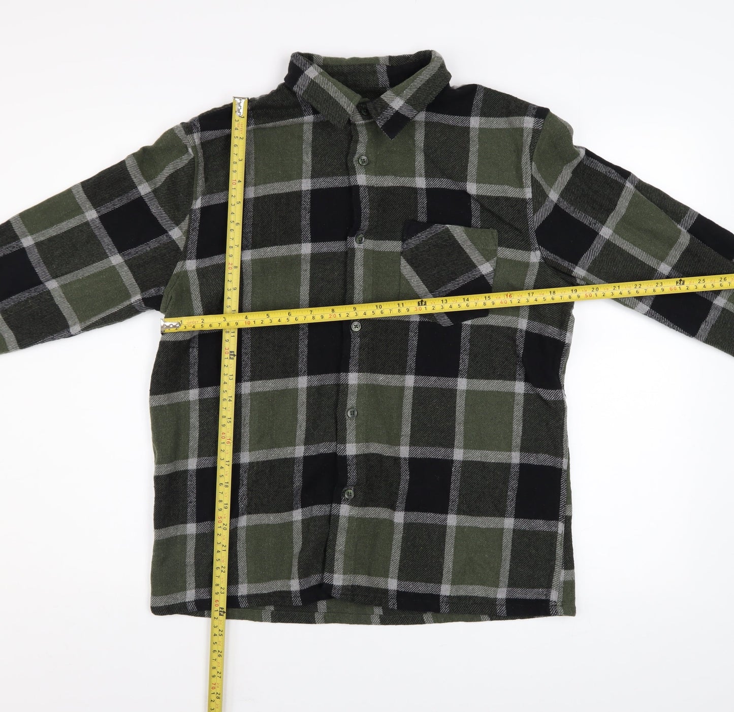 BoohooMAN Men's Green Check Flannel Long Sleeve Button-Up Shirt Size L