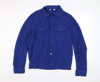 Zara Men Blue Cotton Tweed Bomber Jacket Size S Button-Up