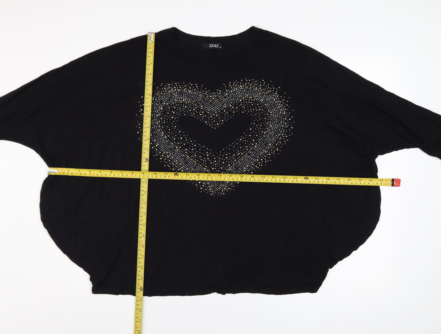 Quiz Women's Black Rhinestone Heart Long Sleeve Relaxed Top S/M