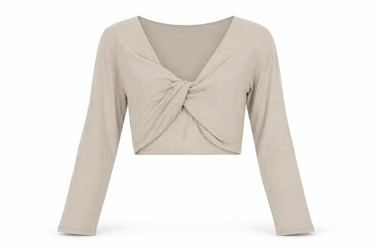 Tala Women’s Beige Long Sleeve Cropped V-Neck Twist Front Top - Size S