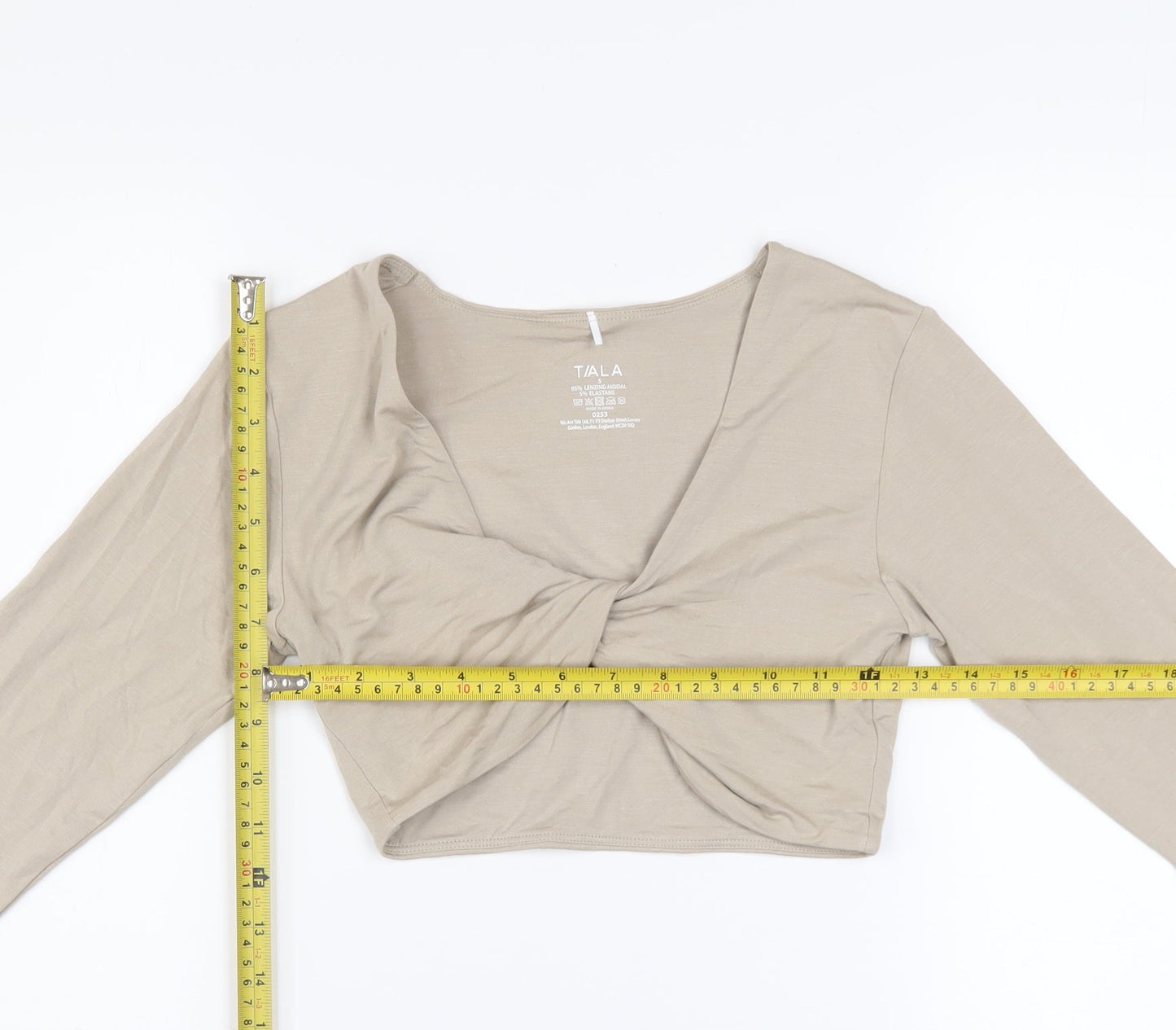 Tala Women’s Beige Long Sleeve Cropped V-Neck Twist Front Top - Size S