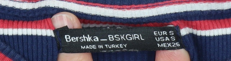 Bershka Girls Blue Striped T-Shirt Dress Size 8 Years Cotton Stretch Casual
