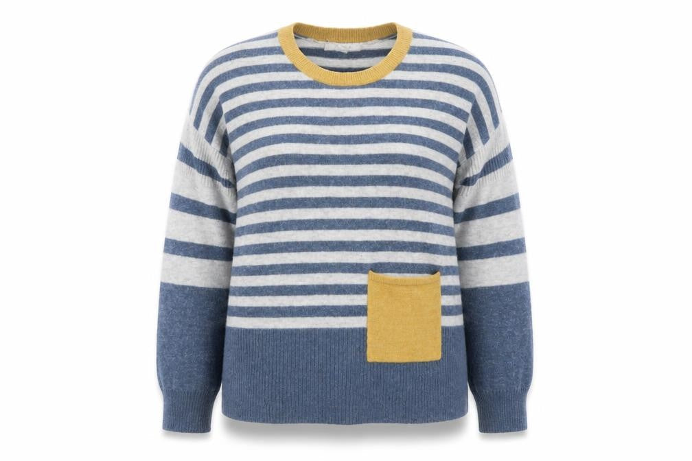 White Stuff Women's Blue Striped Wool Blend Crew Neck Jumper Size 8