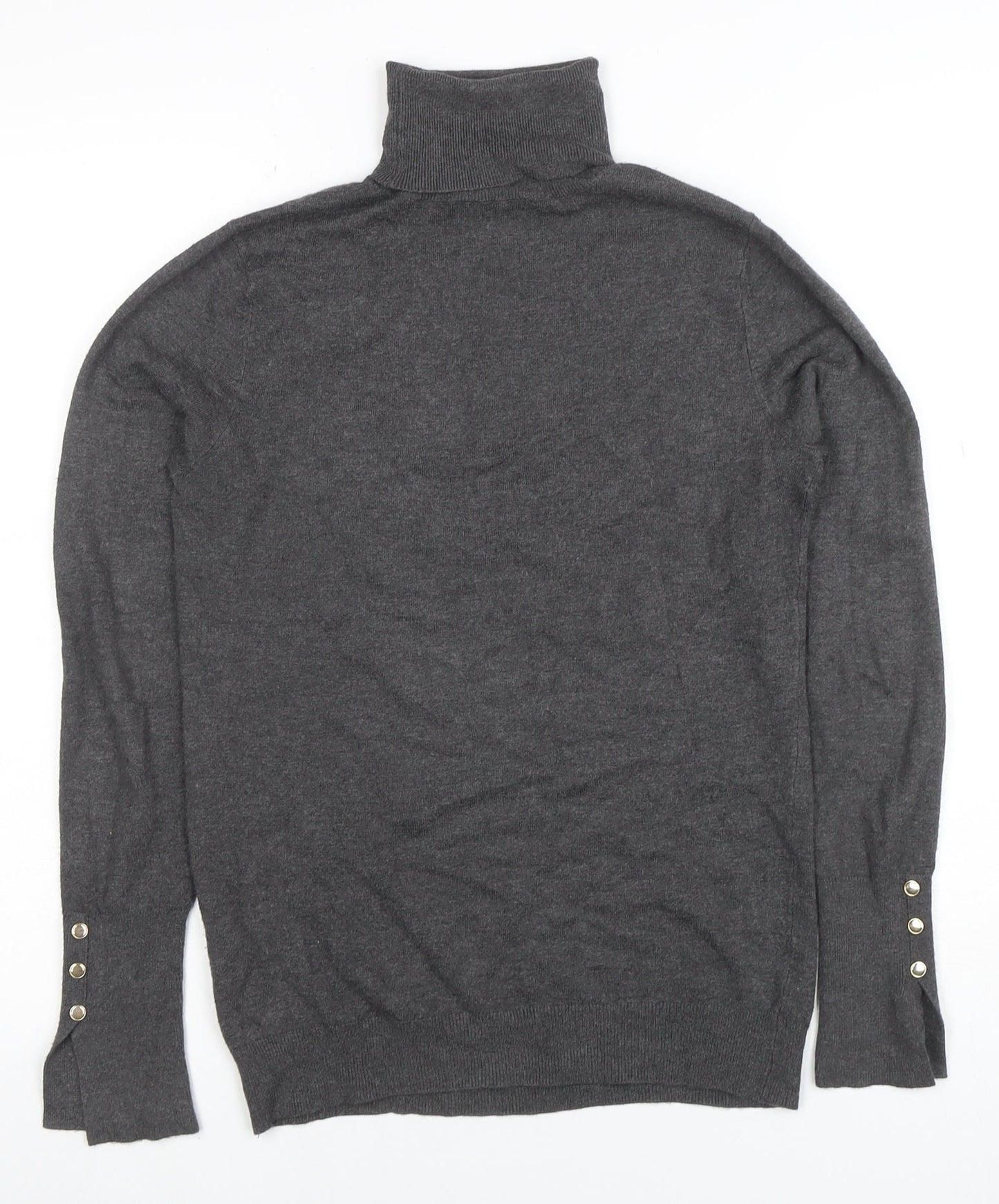 Zara Women Grey Knit Roll Neck Long Sleeve Button Accent Top M