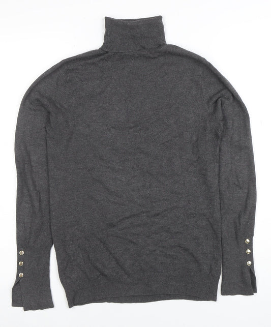 Zara Women Grey Knit Roll Neck Long Sleeve Button Accent Top M