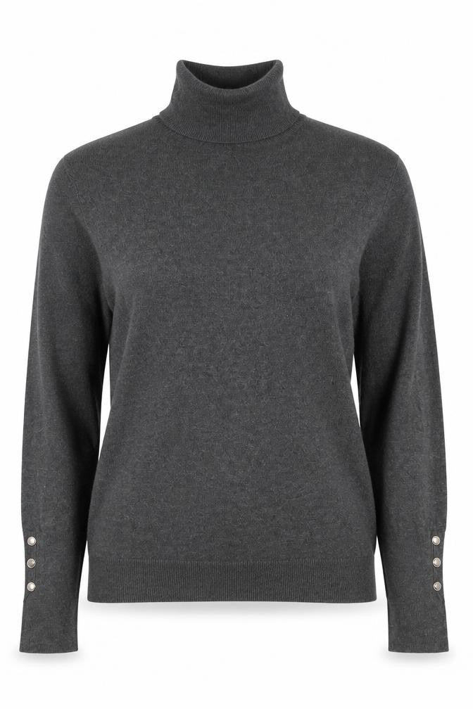 Zara Women Grey Knit Roll Neck Long Sleeve Button Accent Top M