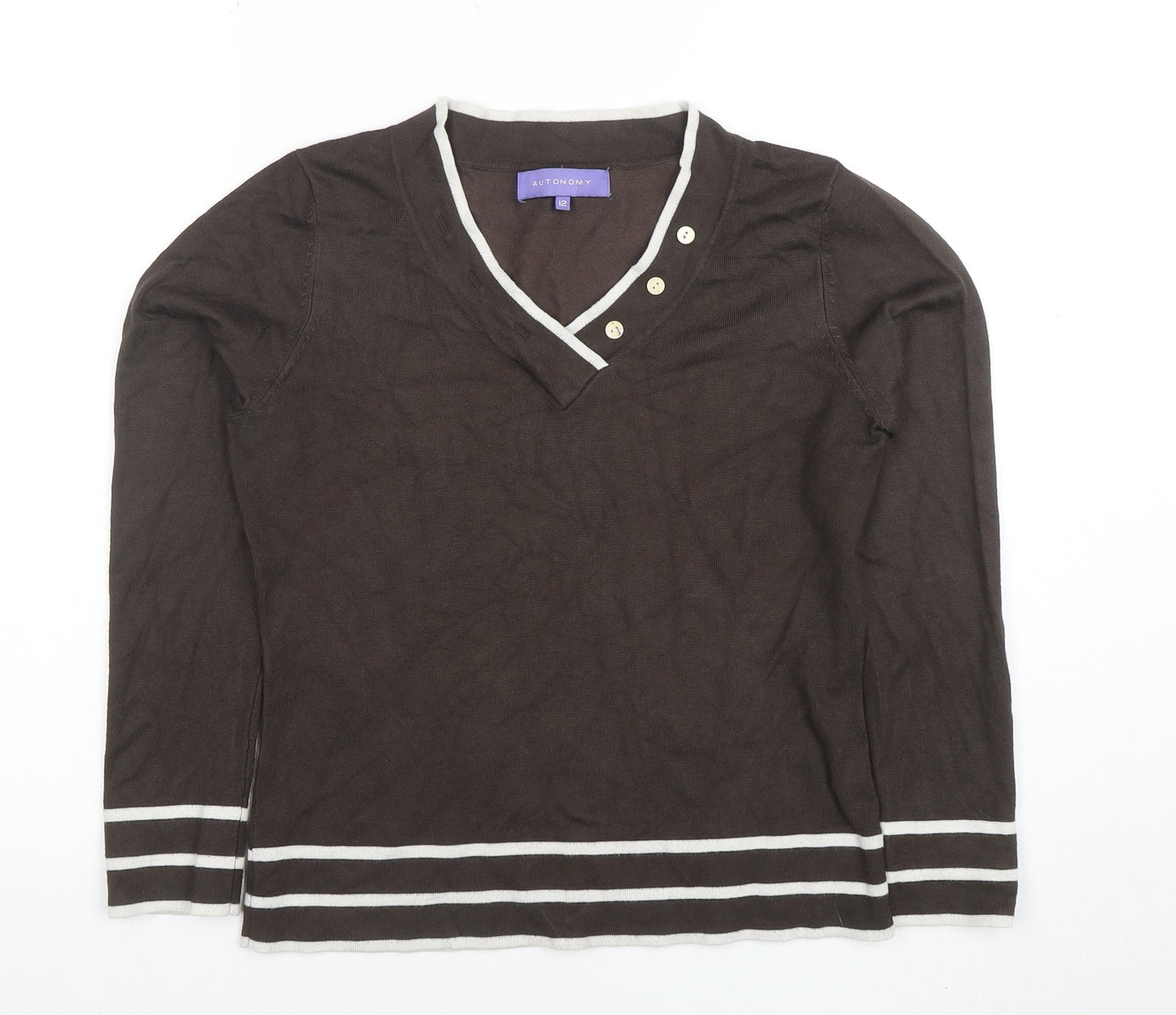 Autonomy Women Brown Long Sleeve V-Neck Button Knit Top Size 12