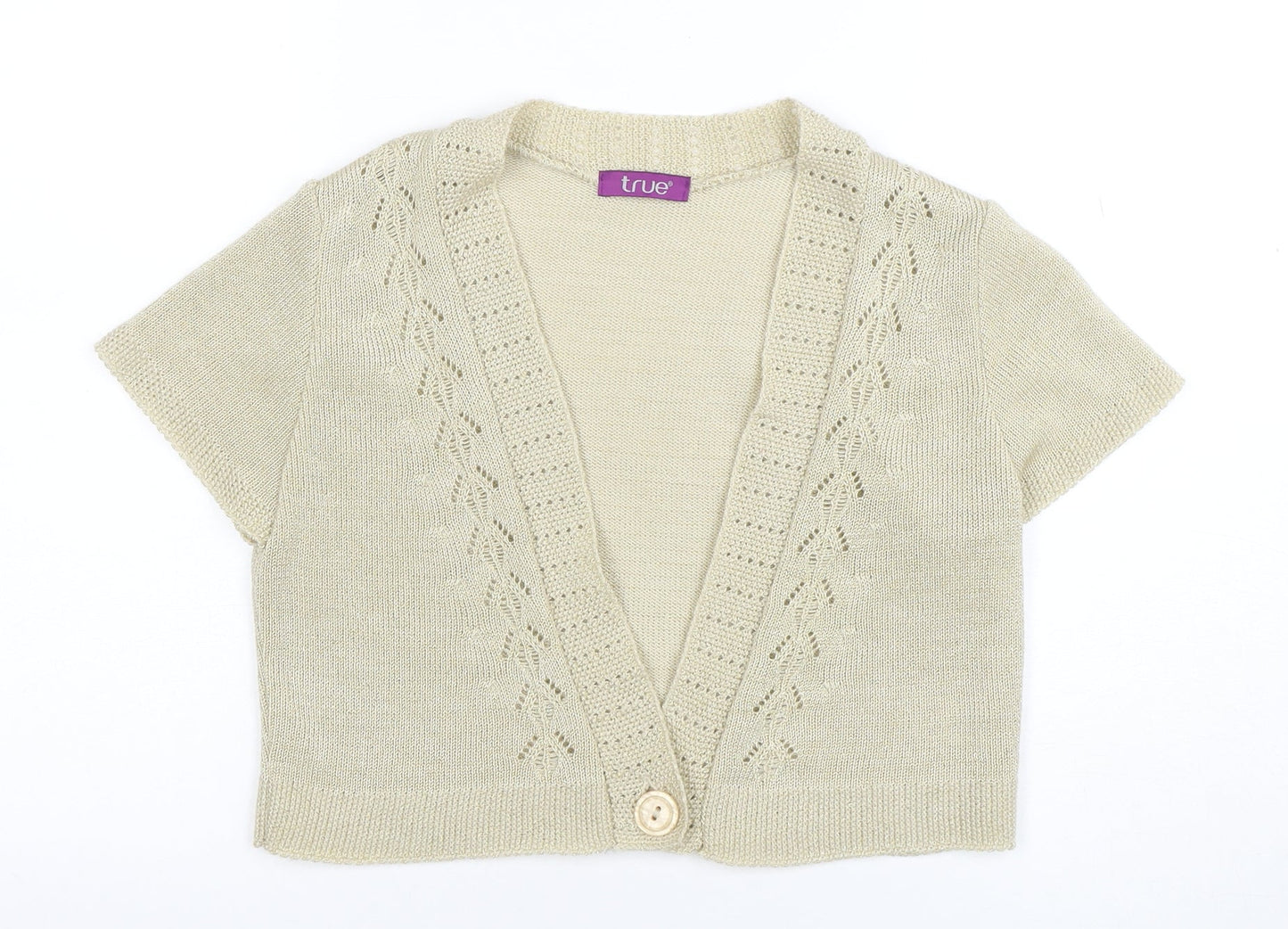 True Womens Beige Short Sleeve V-Neck Knit Cardigan Size 16