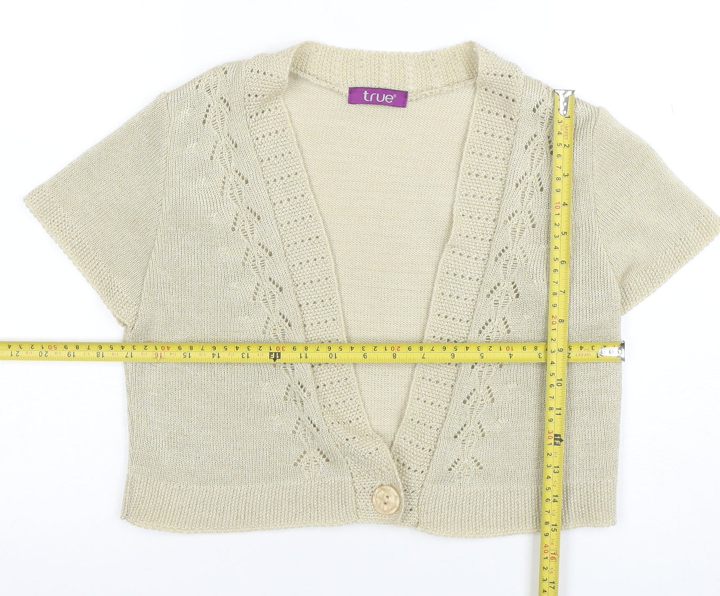 True Womens Beige Short Sleeve V-Neck Knit Cardigan Size 16