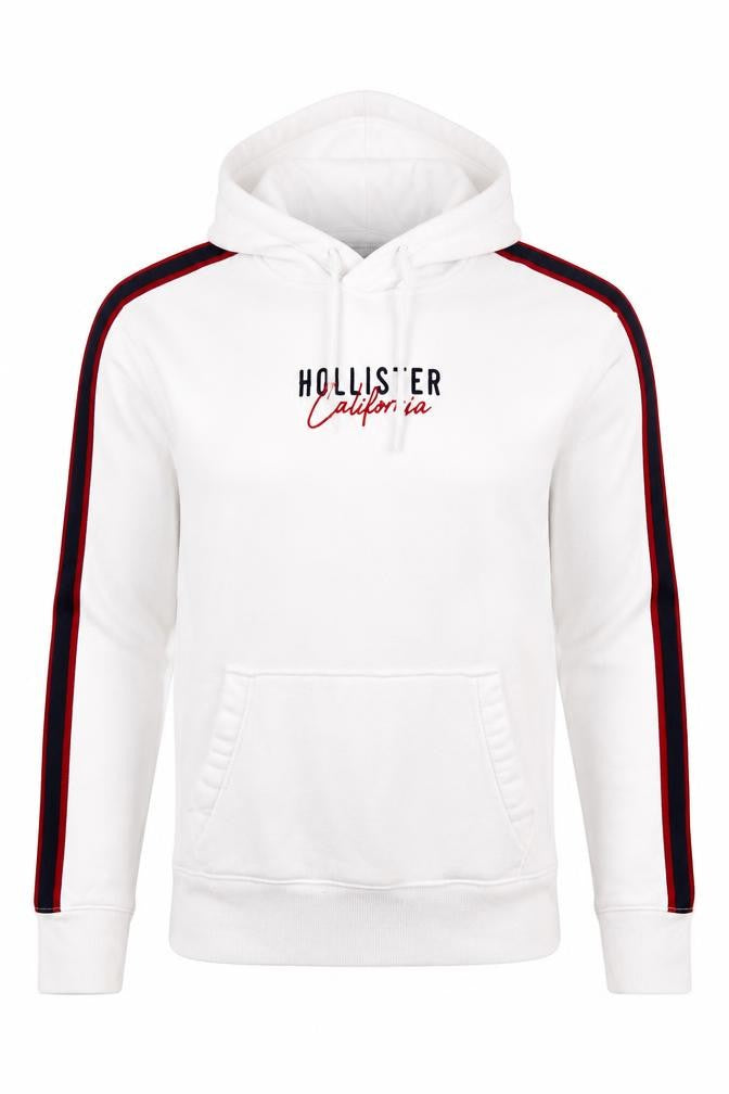 Hollister Men’s White XS Pullover Hoodie With Logo & Side Stripes