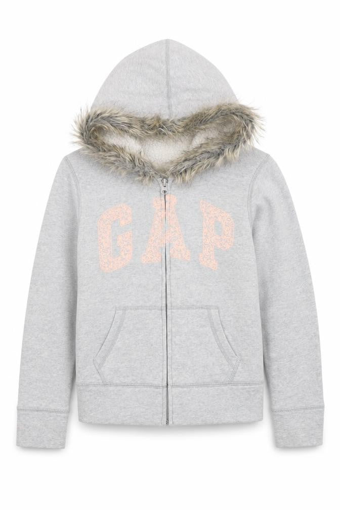 GAP Girls Grey Fur Trim Full Zip Hoodie Size M