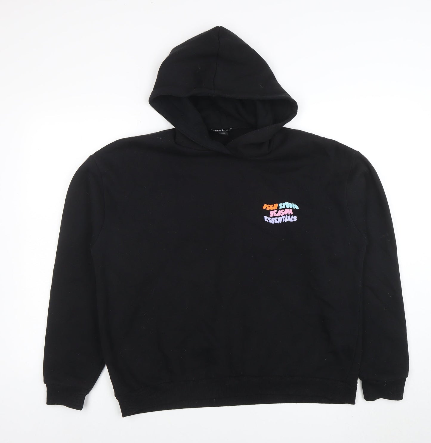 Boohoo Mens Black Pullover Hoodie M Graphic Print Logo Sweatshirt