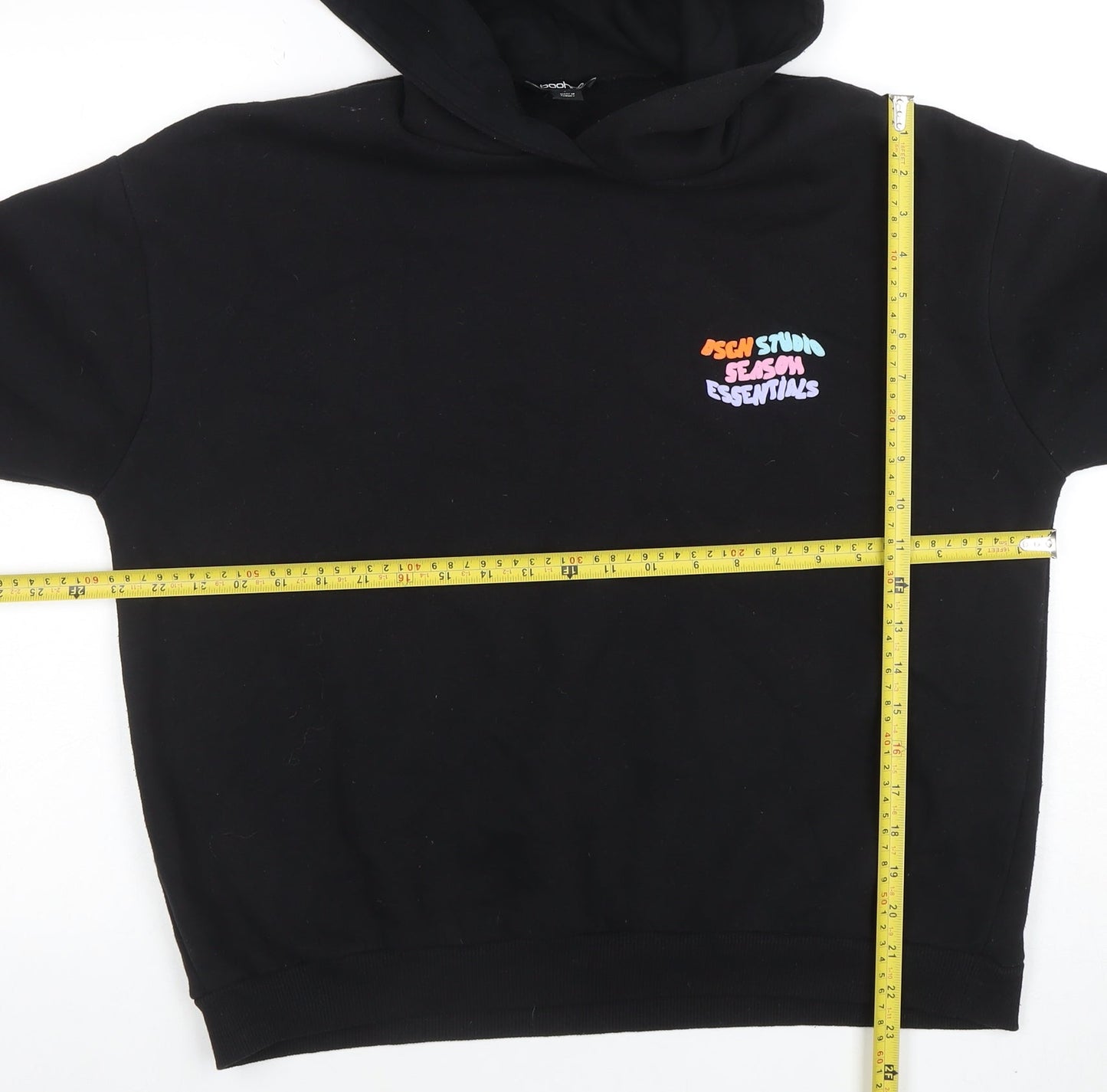 Boohoo Mens Black Pullover Hoodie M Graphic Print Logo Sweatshirt