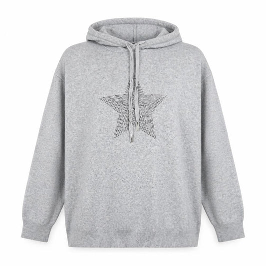 Roman Women Grey L Hooded Pullover Sweatshirt Rhinestone Star