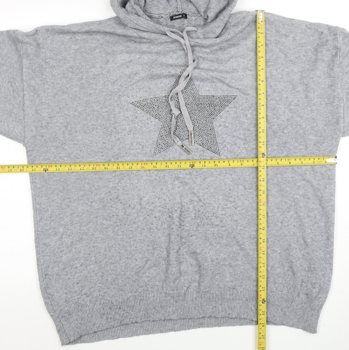 Roman Women Grey L Hooded Pullover Sweatshirt Rhinestone Star