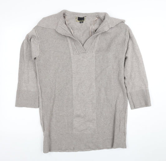 River Island Women’s Grey Knit Tunic Top M Collared 3/4 Sleeve