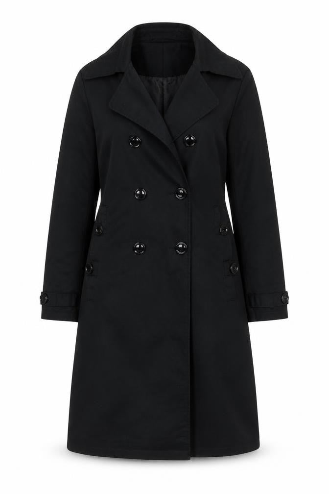 BiG Women's Black Long Trench Coat M Cotton Double-Breasted Classic