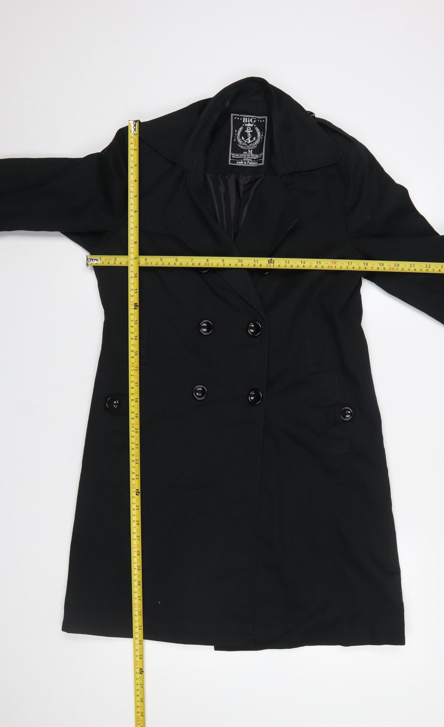 BiG Women's Black Long Trench Coat M Cotton Double-Breasted Classic