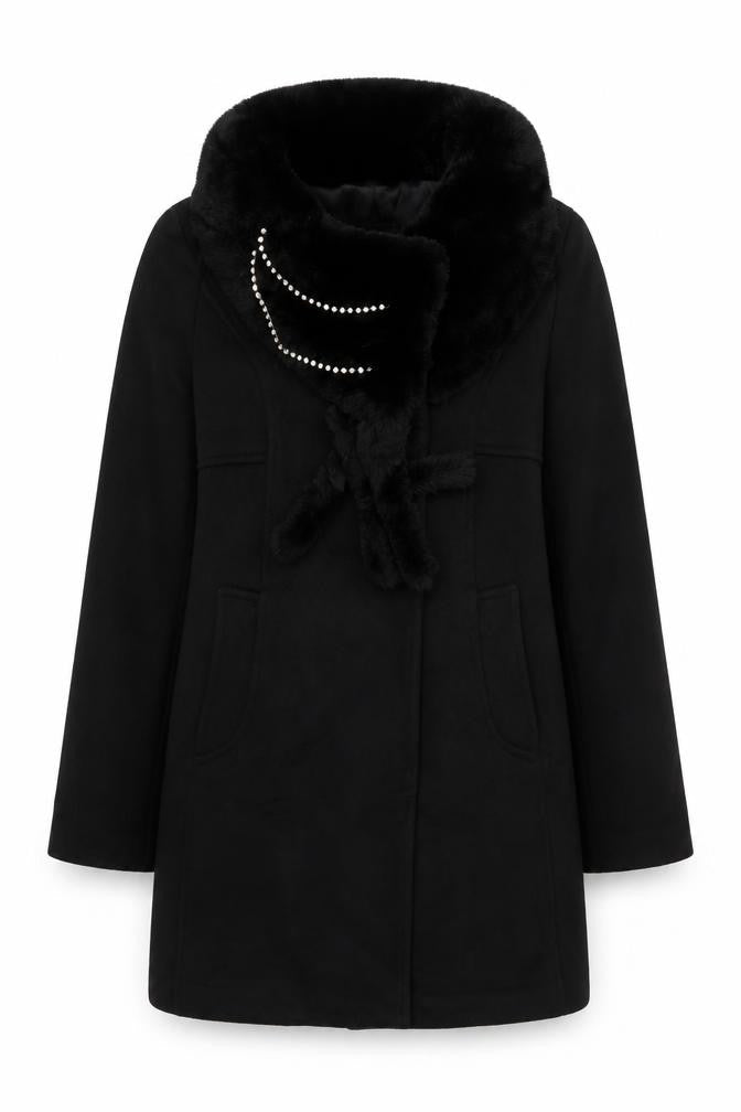 CO'COOEE Women's Black Wool Blend Faux Fur Collar Coat Size 14