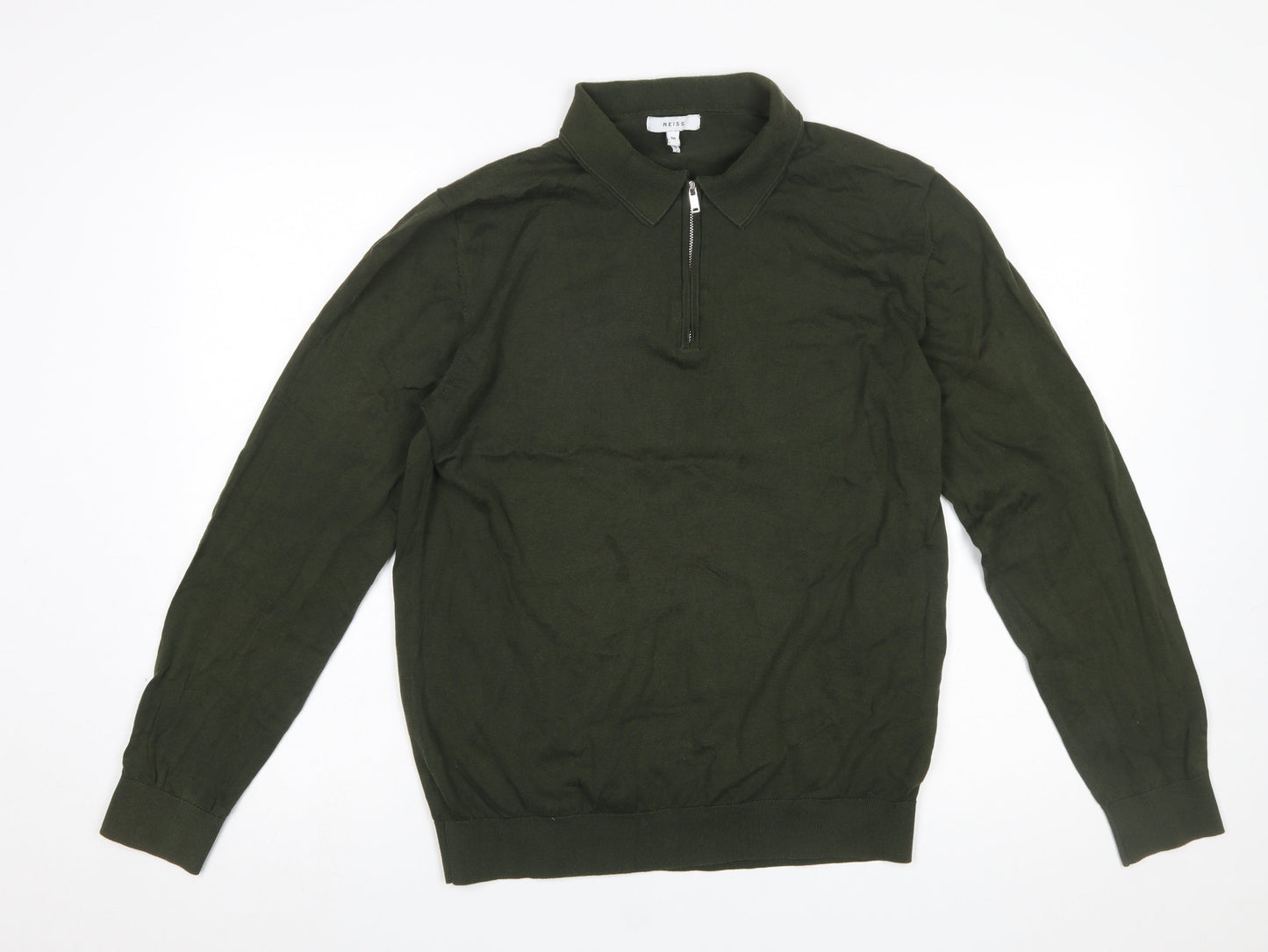 Reiss Men's Green Cotton 1/4 Zip Collared Jumper Size M
