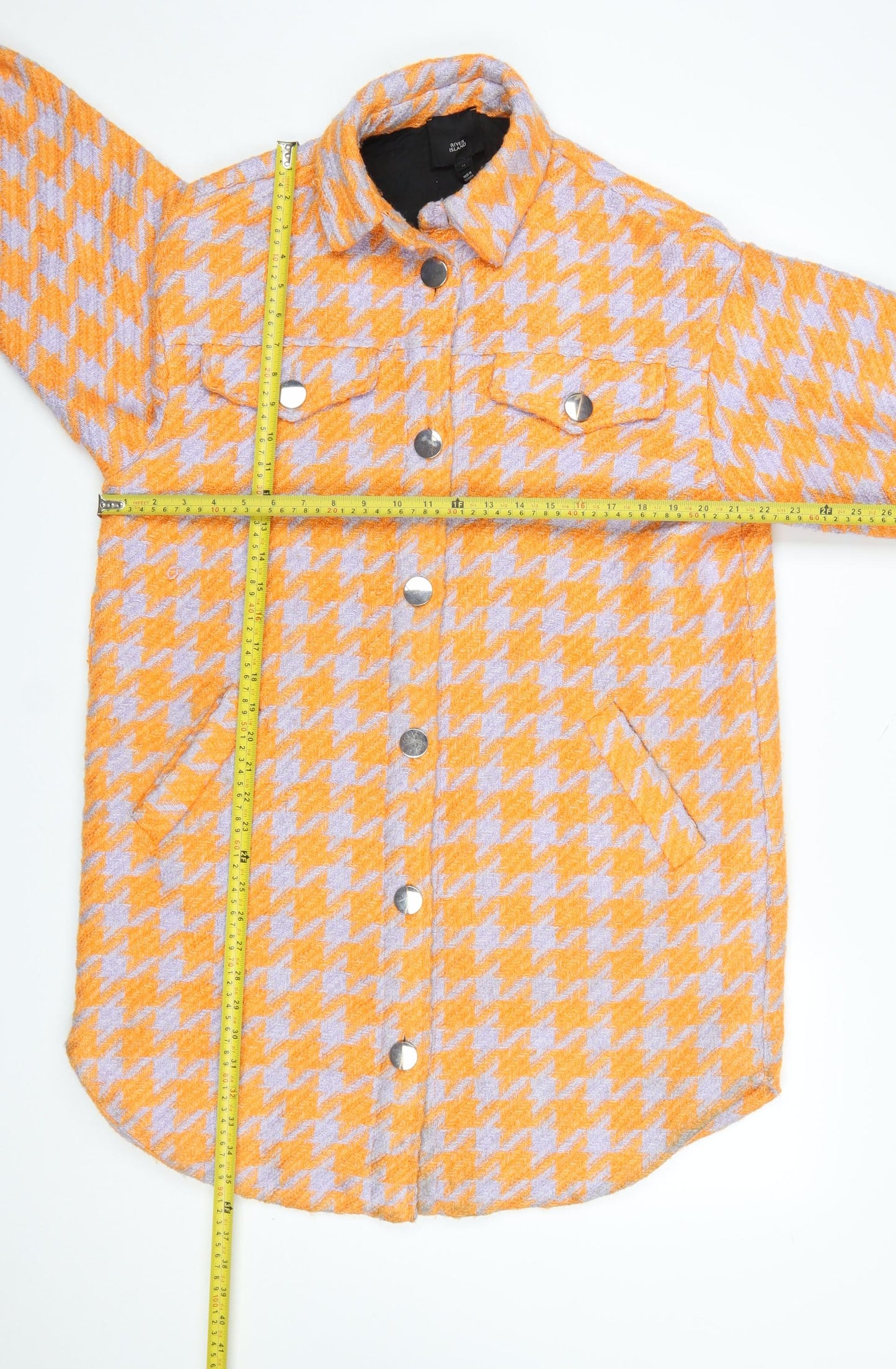 River Island Women Orange Houndstooth Mid-Length Jacket M