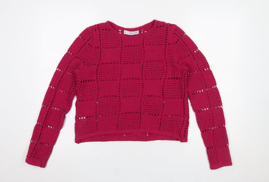 MNG Women's Pink Open-Knit Long Sleeve Jumper Size XL