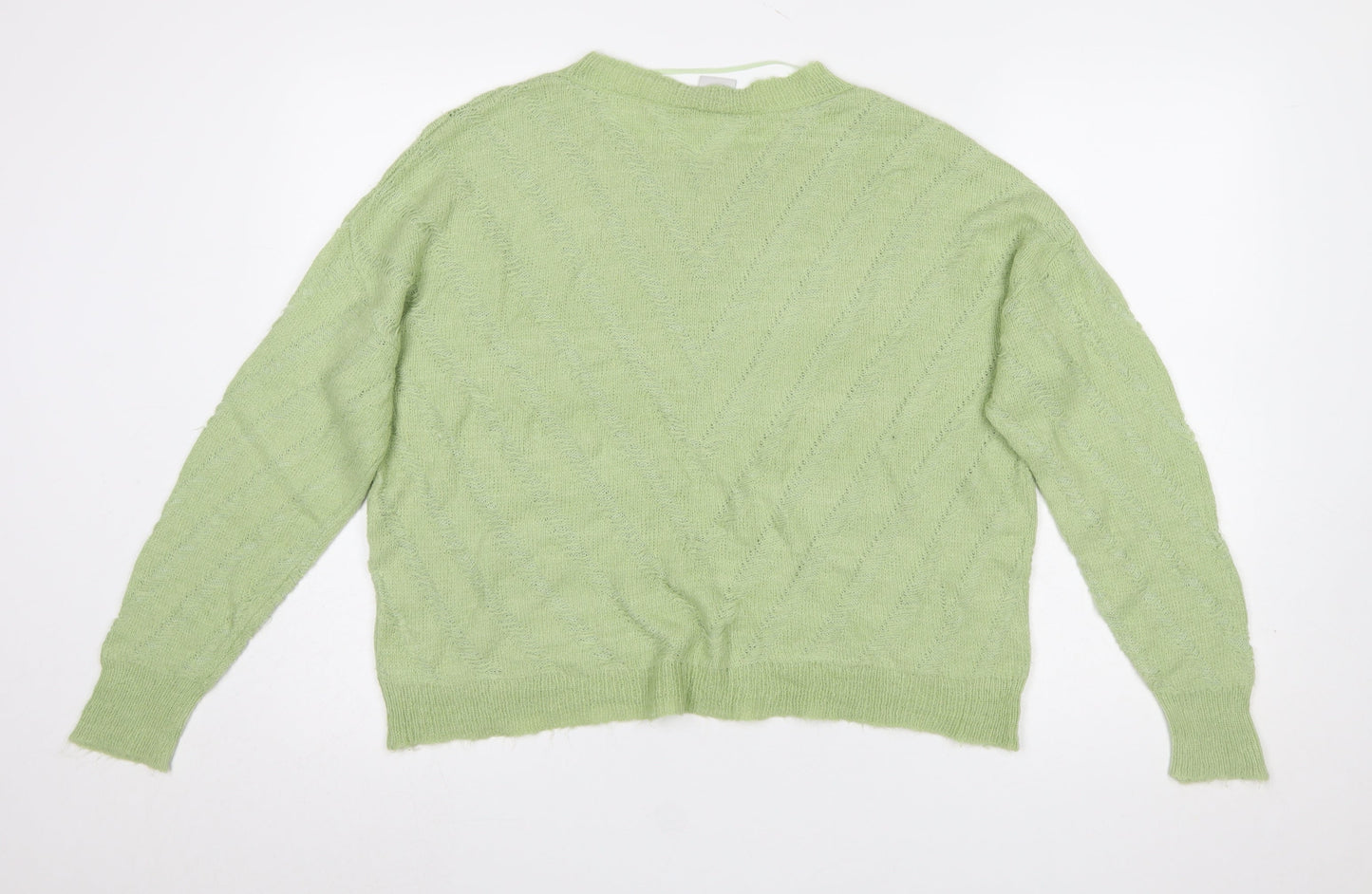 ICHI Women Green Cable-Knit Crew Neck Pullover Jumper Size L
