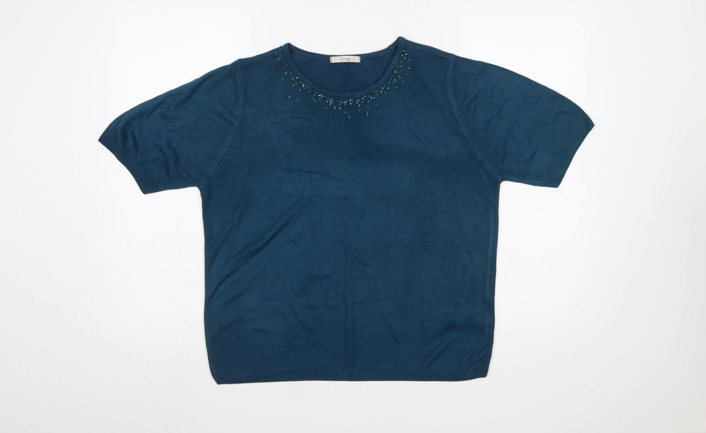 Marks and Spencer Women's Blue Beaded Short Sleeve Pullover Jumper Size 18