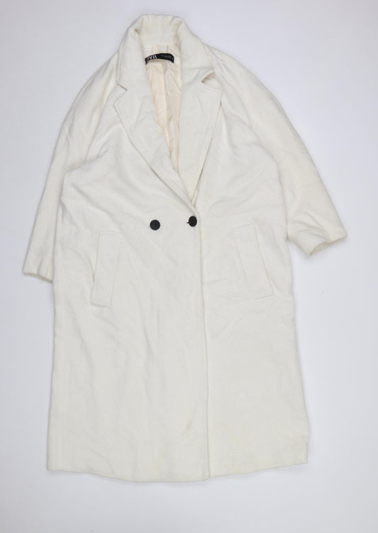ZARA Women's Ivory Wool Blend Long Overcoat Size 16