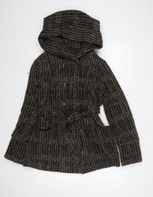 New Look Women’s Brown Check Belted Hooded Pea Coat UK 10