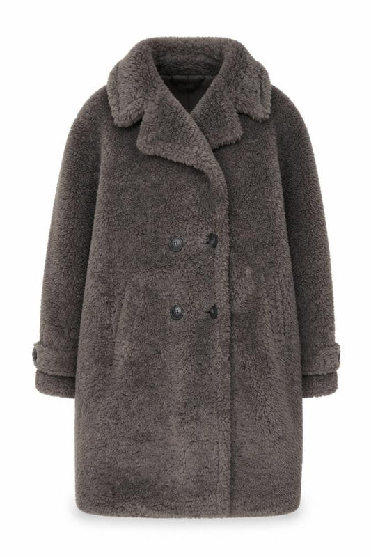 Front view of Papaya women’s grey long faux fur overcoat, size UK 10, winter warm