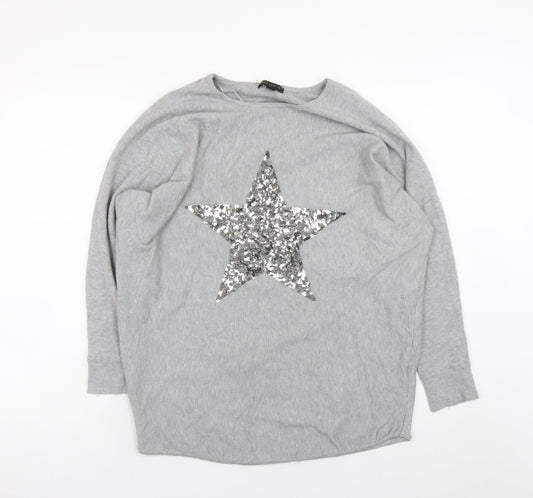 QED London Women's Grey Sequin Star Jumper M/L Relaxed Fit Knitwear