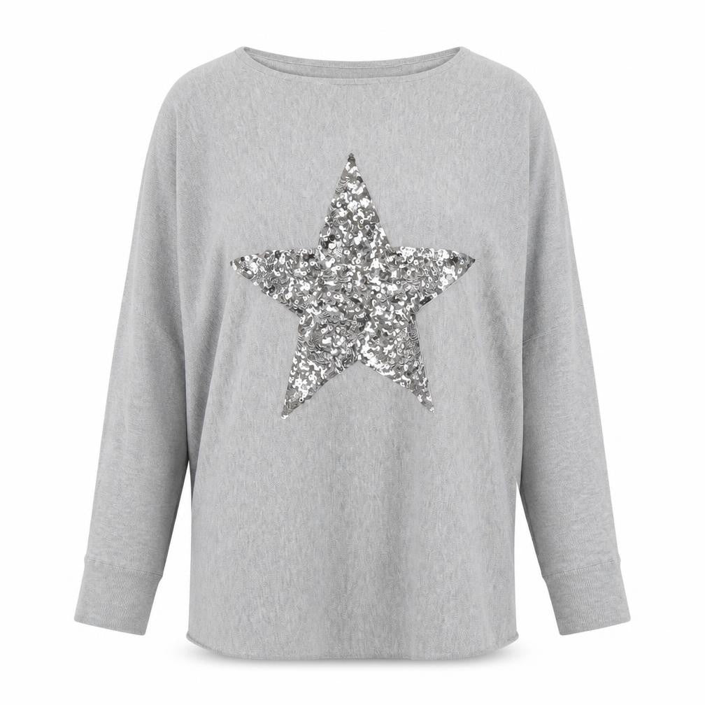 QED London Women's Grey Sequin Star Jumper M/L Relaxed Fit Knitwear