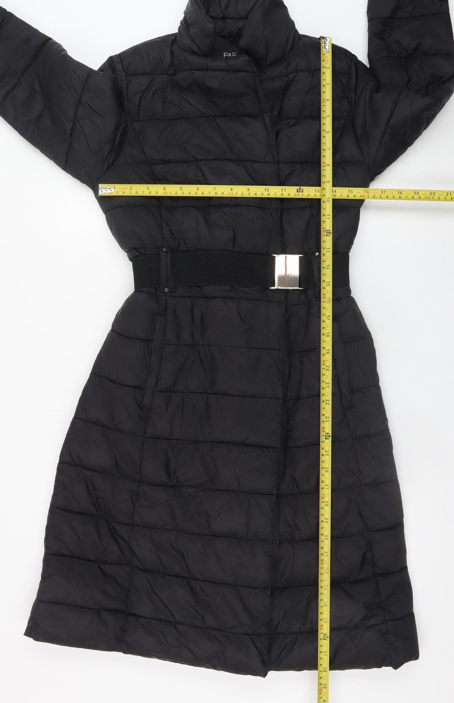 F&F Women's Black Long Belted Puffer Coat Size 6